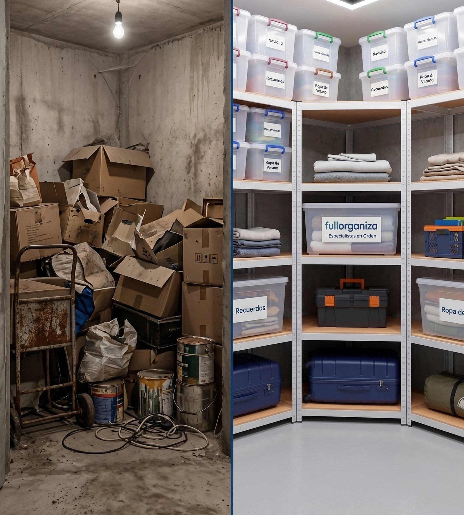 Bodega llena de cajas amontonadas, y la misma bodega ordenada con repisas modulares